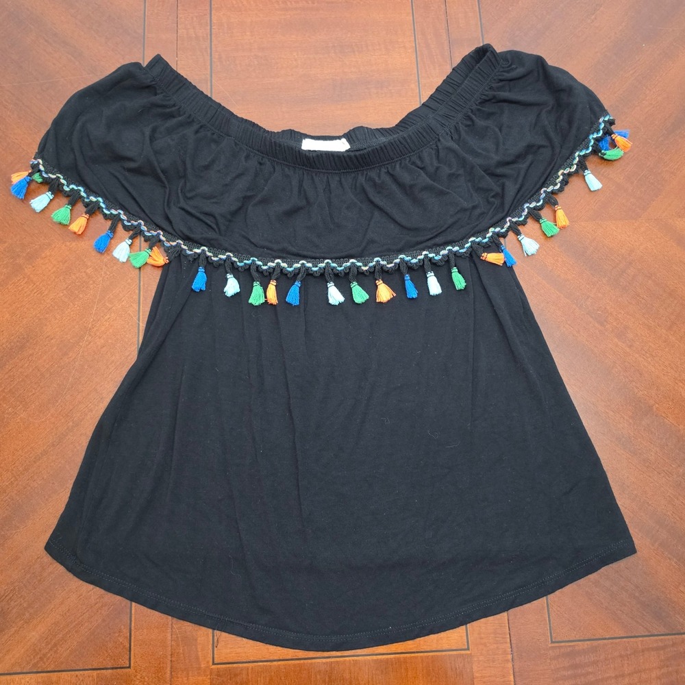 Pebble and Stone Top Women M Black Tassel Off Shoulder Boho Festival Blouse